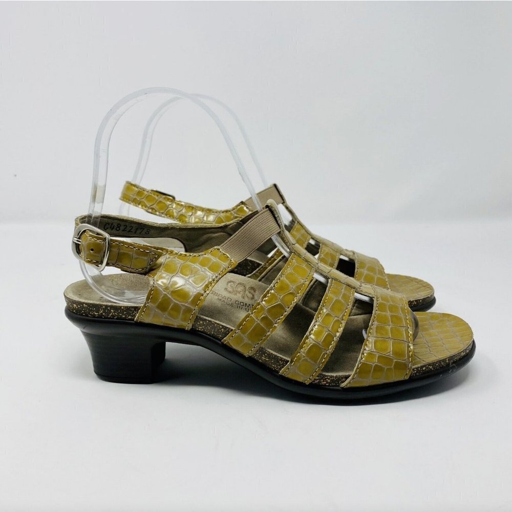 SAS Size 7.5 Allegro Genuine Leather Reptile Print Heel Strap Sandals Green